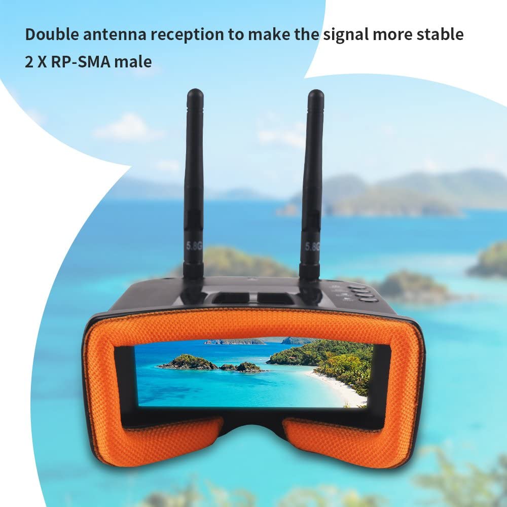 Makerfire 5.8Ghz Mini FPV Goggles 3 inch 40CH FPV Video Headset Glasses with Double RP-SMA Antenna and Handbag Built-in 1200mAh Battery for FPV Racing Drone Quadcopters Makerfire 5.8Ghz Mini FPV Goggles 3 inch 40CH FPV Video Headset Glasses with Double RP-SMA Antenna and Handbag Built-in 1200mAh Battery for FPV Racing Drone Quadcopters